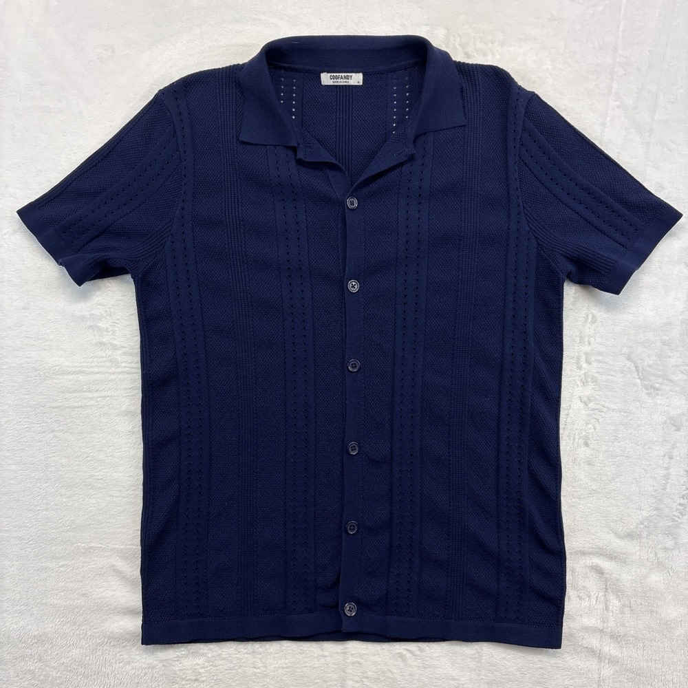 COOFANDY Shirt Mens M Striped Knit Polo Shirt Short Sleeve Blue Casual Summer